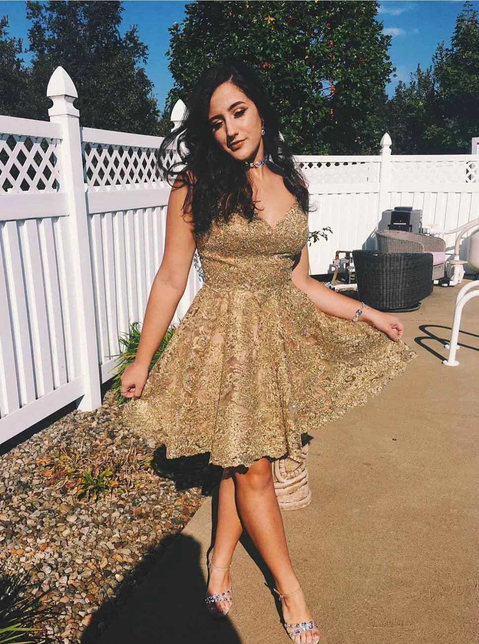 A-line V-neck Gold Lace Short Prom Dresses Homecoming Gown