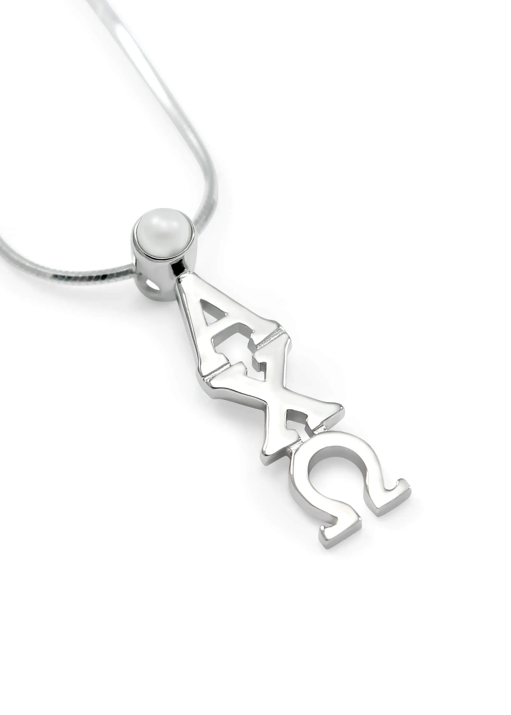 Alpha Chi Omega Sterling Silver Lavaliere Pendant with Synthetic Pearl