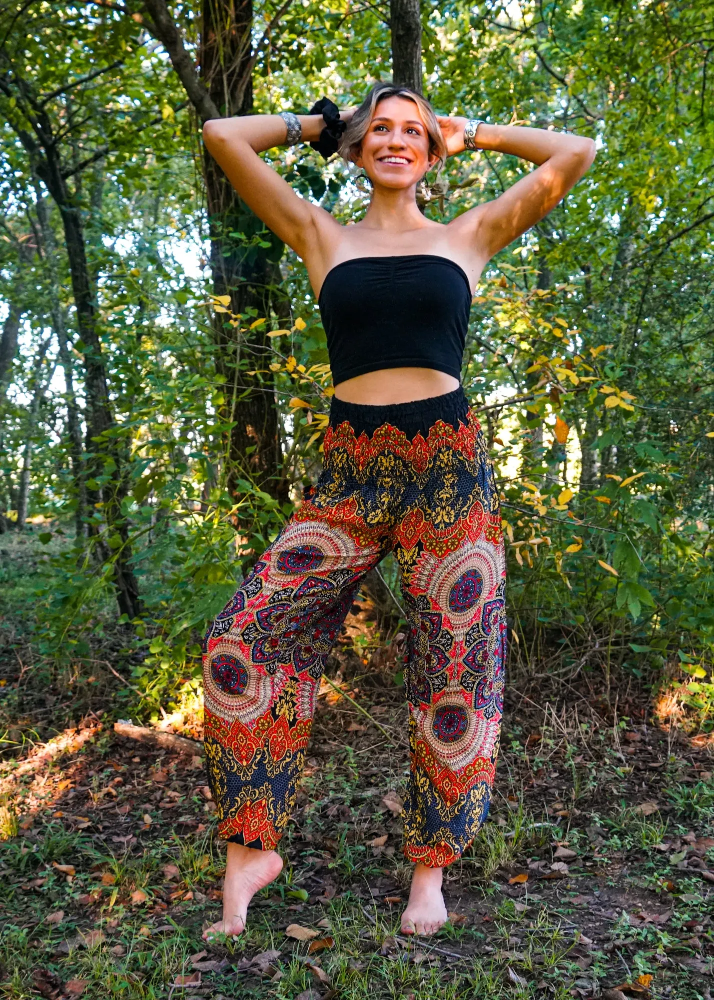 Black Orange Lotus Floral Harem Pants