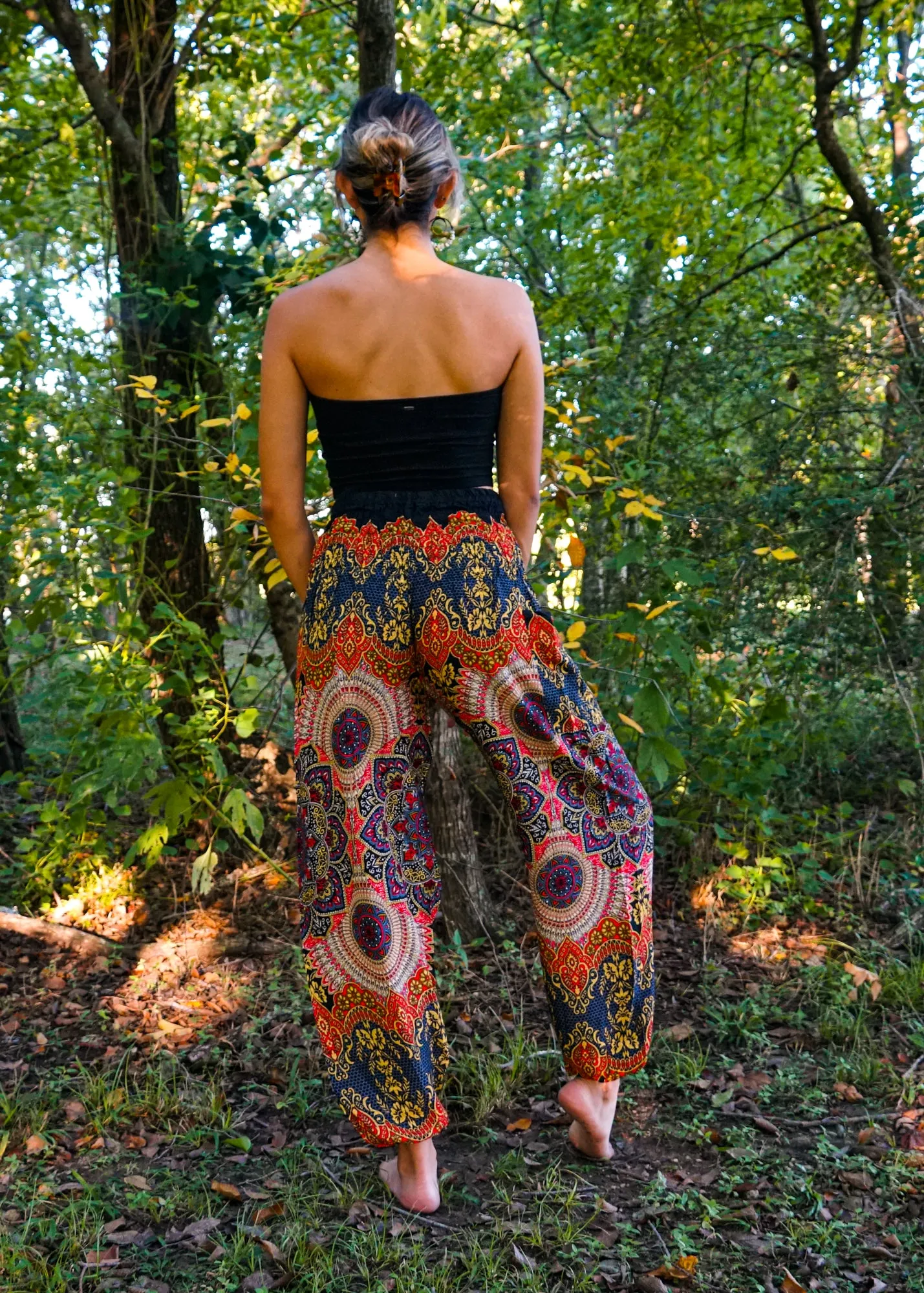 Black Orange Lotus Floral Harem Pants