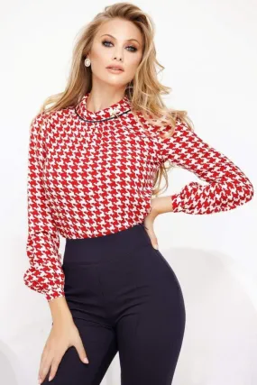 Blusa a fantasia pied di poul rossa Fofy collo alto con risvolto