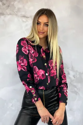 Camicia elegante nera a fantasia floreale fucsia magenta con bottoni dorati