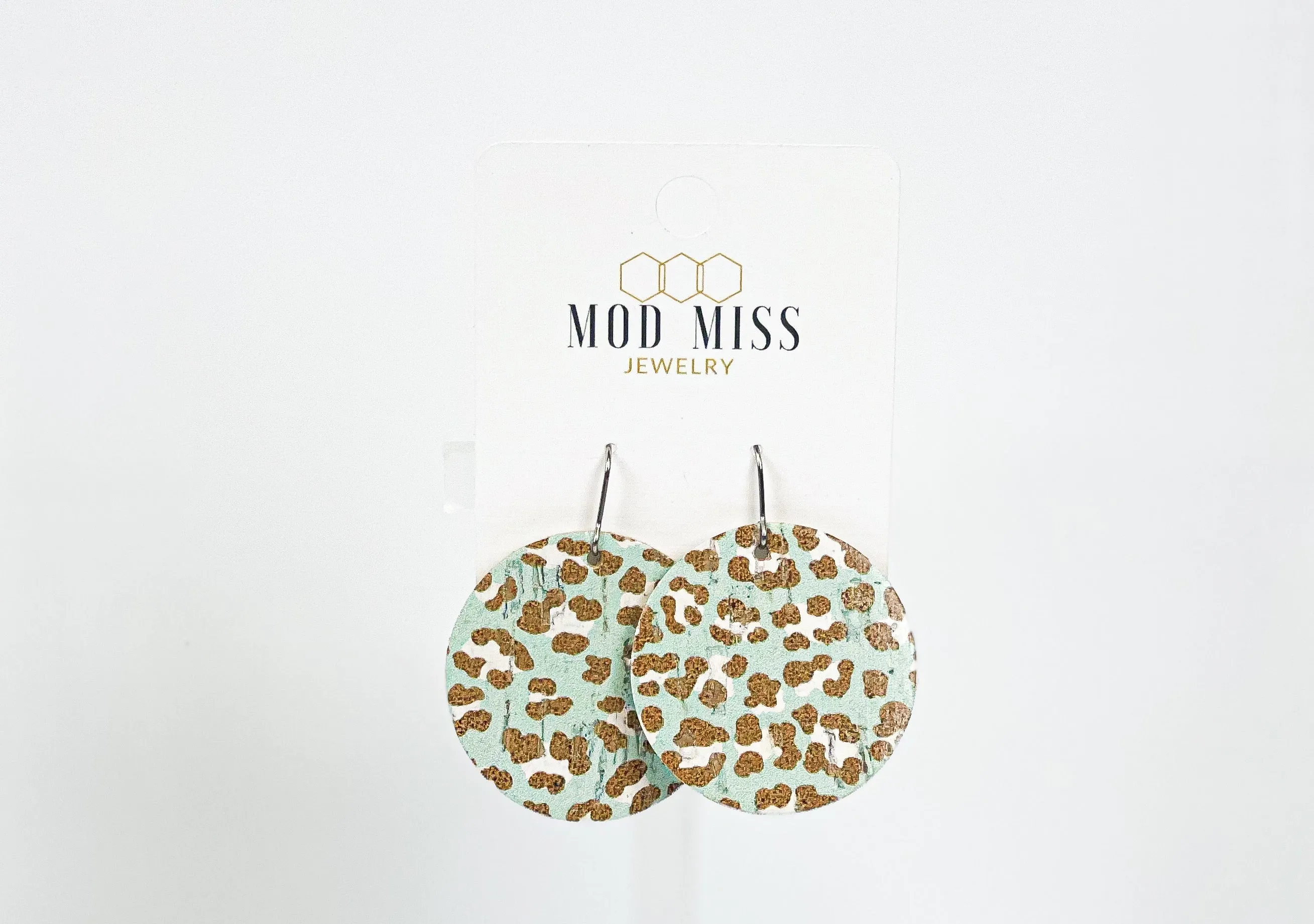 Cork Leather Round Earring Leopard Sea Green