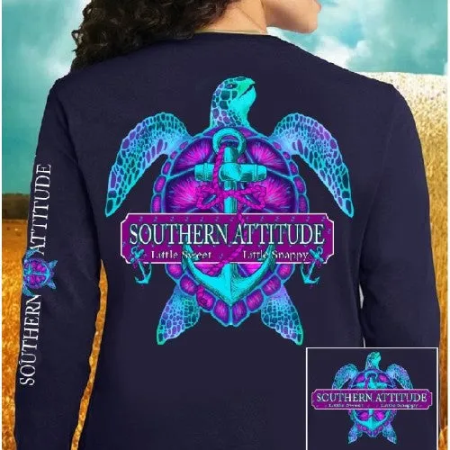 Country Life Outfitters Southern Attitude Snappy Turtle Anchor Bow Navy Vintage Girlie Bright Long Sleeve T Shirt