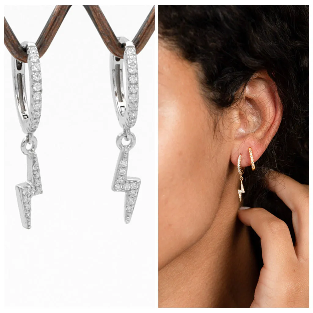 CZ Paved Huggie Hoop Earrings with Dangle Lightning Bolt - Silver