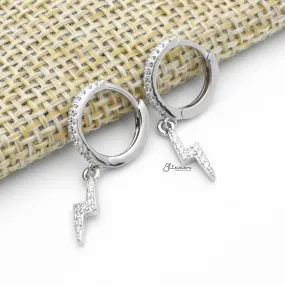 CZ Paved Huggie Hoop Earrings with Dangle Lightning Bolt - Silver