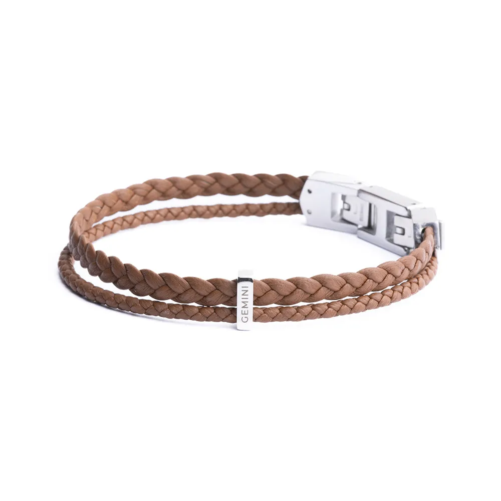 Double light brown Italian nappa leather bracelet with silverplated finish