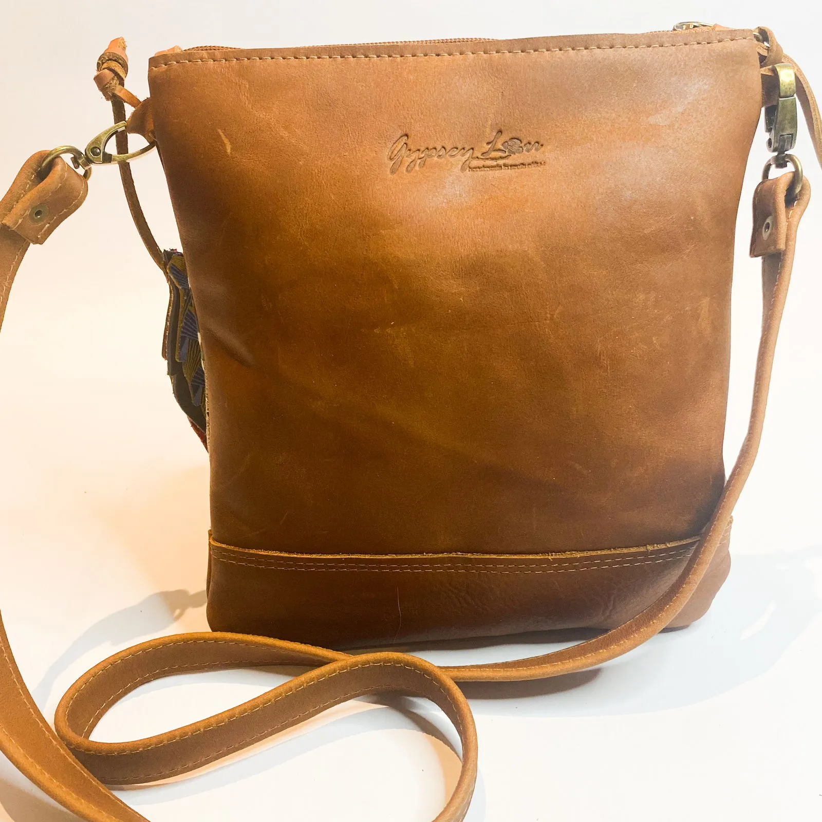 Gia leather tan & patch fabric postman bag