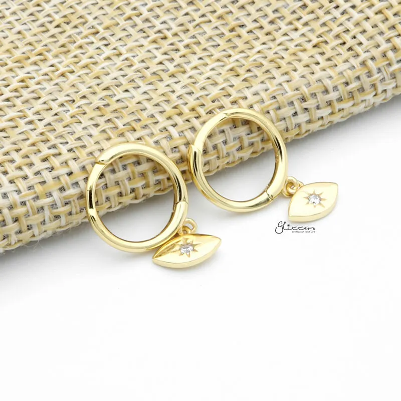 Sterling Silver CZ Eye Shaped Charm Huggie Hoop Earrings - Gold