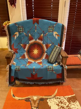 Turquoise Sunburst Woven TAPESTRY blanket